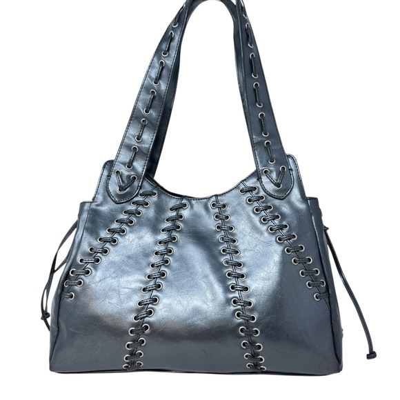 Nine West Y2K Metallic Blue Faux Leather Lace Up Hobo Shoulder Bag Purse Vintage - Picture 2 of 10